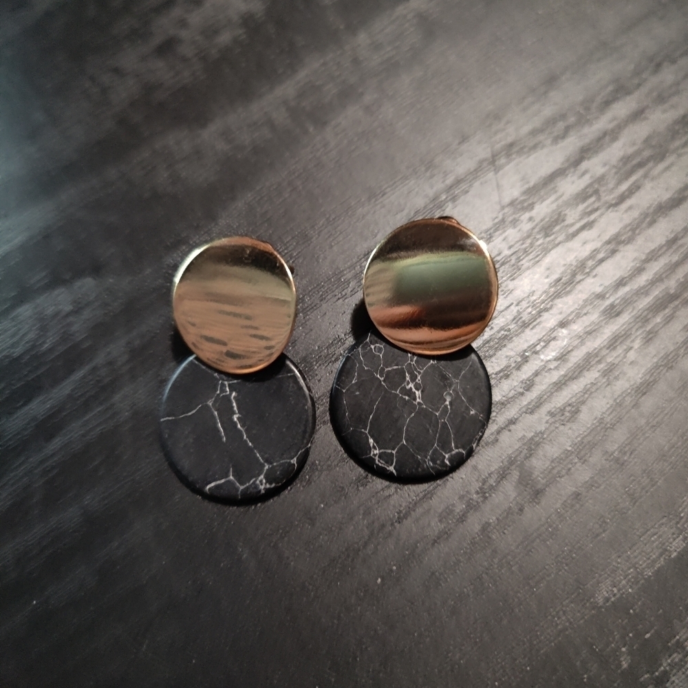NWT Gold Black Marble Geometric Drop Statement Earrings